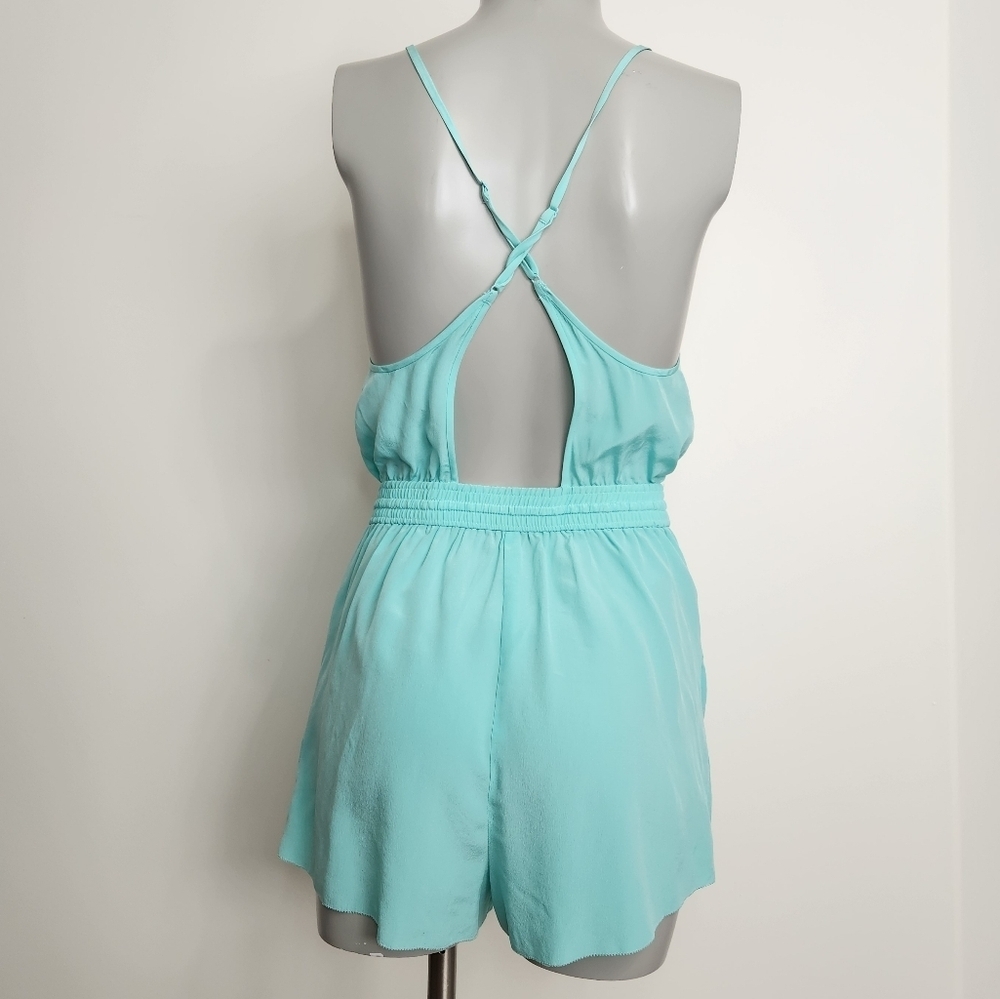 Aritzia X Wilfred "Peri" Teal Blue Silk Spaghetti Strap Shorts Romper Size S/M - Picture 9 of 16